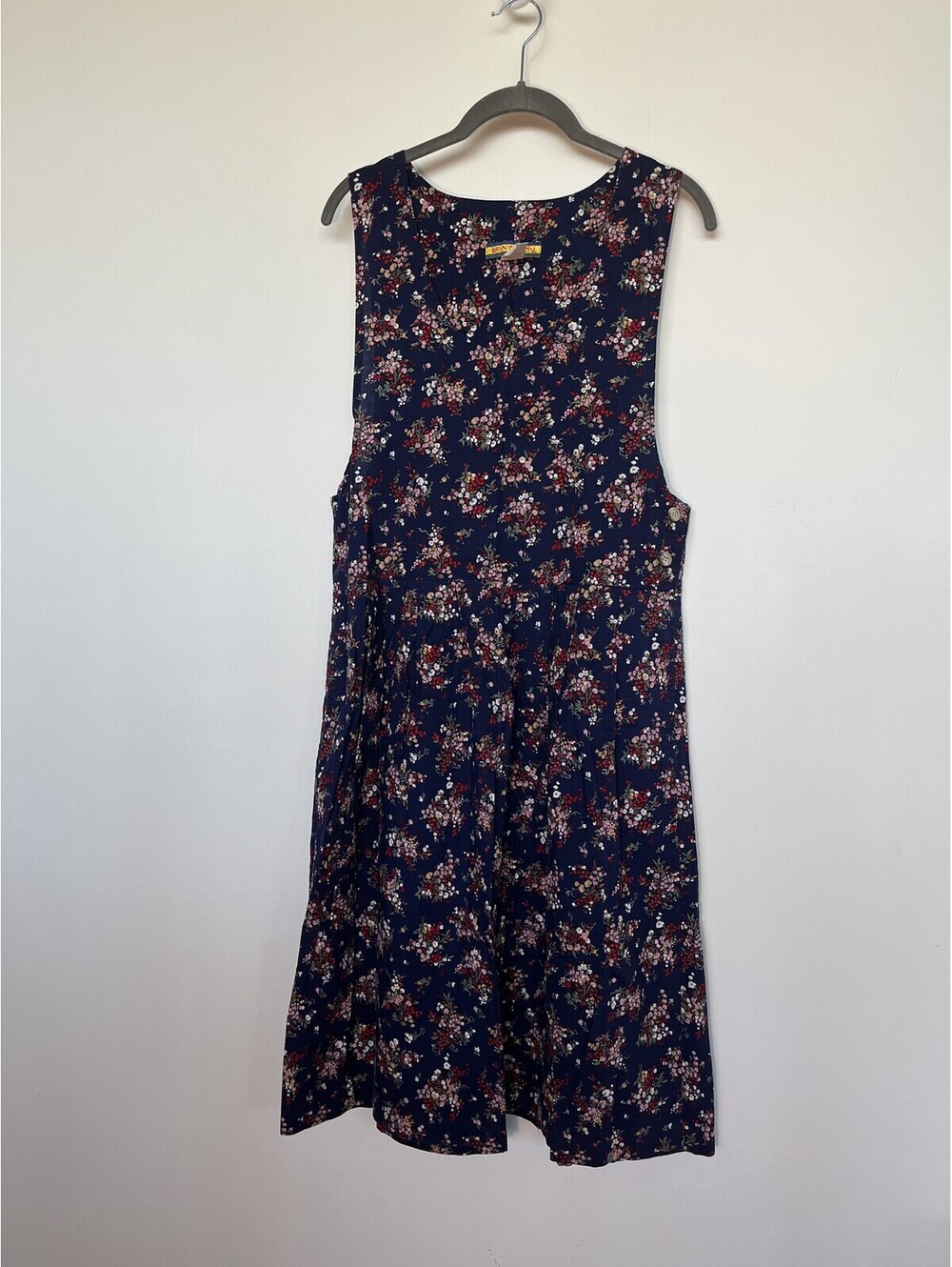 Vintage 90s Bryn Connelly Navy Floral Cottagecore Cotton Midi Dress Size 10